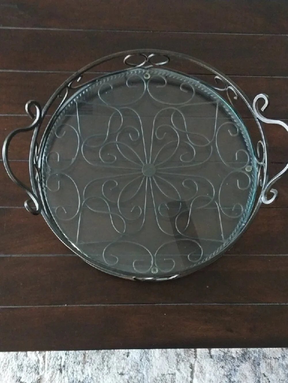 Southern Living At Home Black Metal Scrolled Vanity Tray with Clear Glass Insert